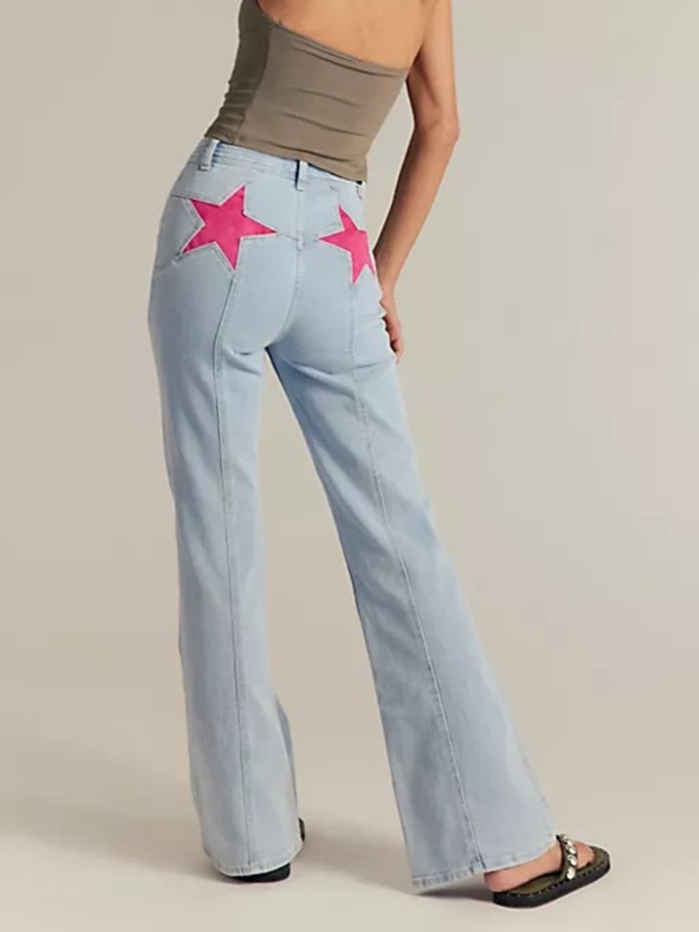 We The Free Light Wash Flare Jeans with Hot Pink Star Patches